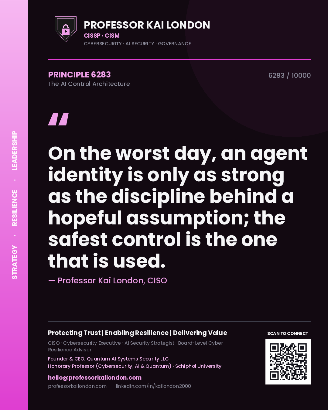 Quote card by Professor Kai London reading 'On the worst day, an agent identity is only as strong as the discipline behind a hopeful assumption; the safest control is the one that is used.'. From the book The AI Control Architecture.