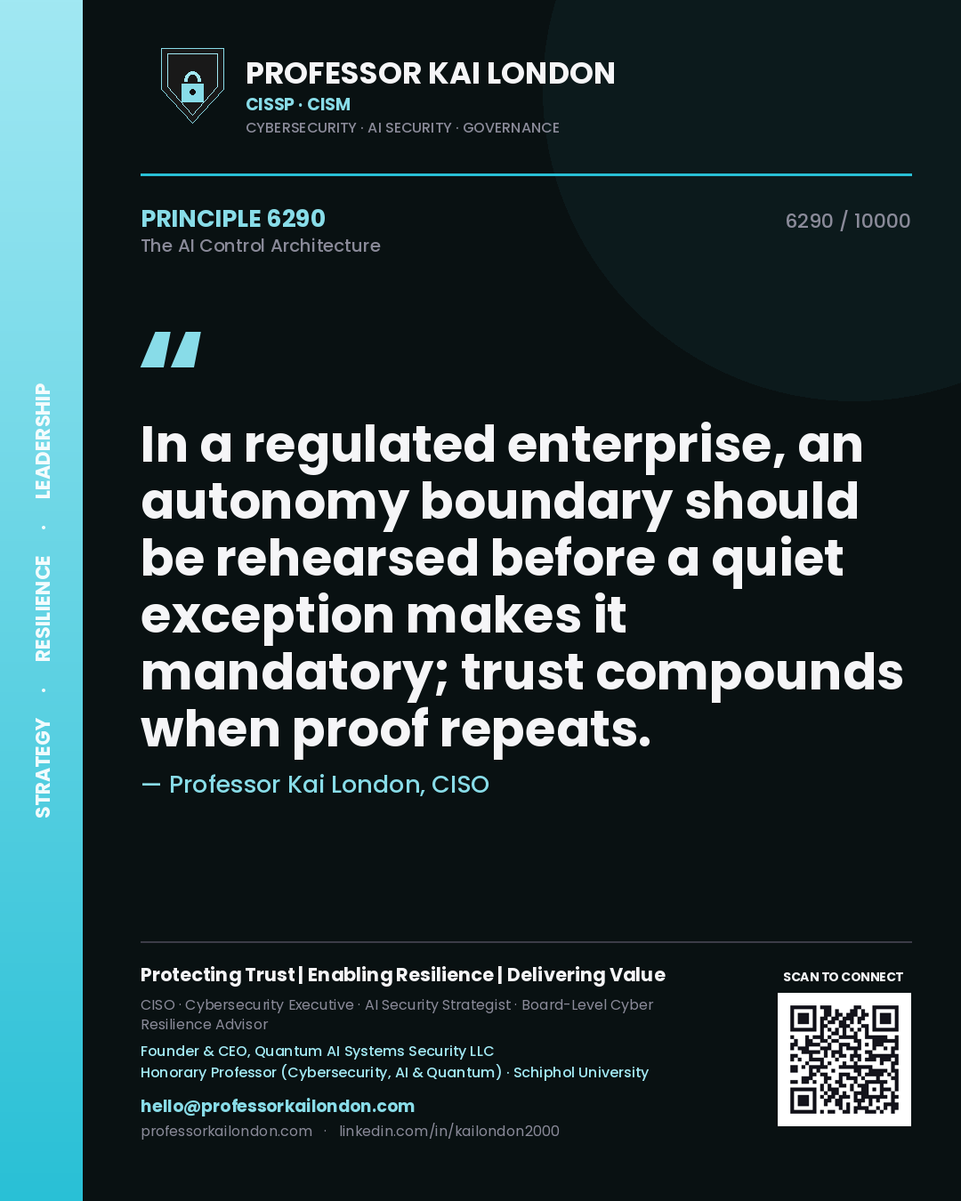Quote card by Professor Kai London reading 'In a regulated enterprise, an autonomy boundary should be rehearsed before a quiet exception makes it mandatory; trust compounds when proof repeats.'. From the book The AI Control Architecture.