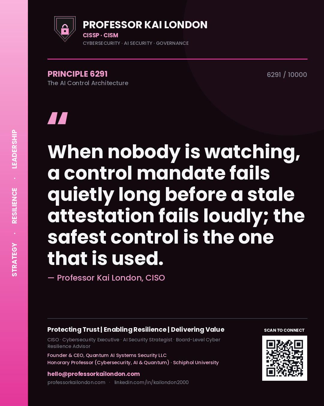 Quote card by Professor Kai London reading 'When nobody is watching, a control mandate fails quietly long before a stale attestation fails loudly; the safest control is the one that is used.'. From the book The AI Control Architecture.