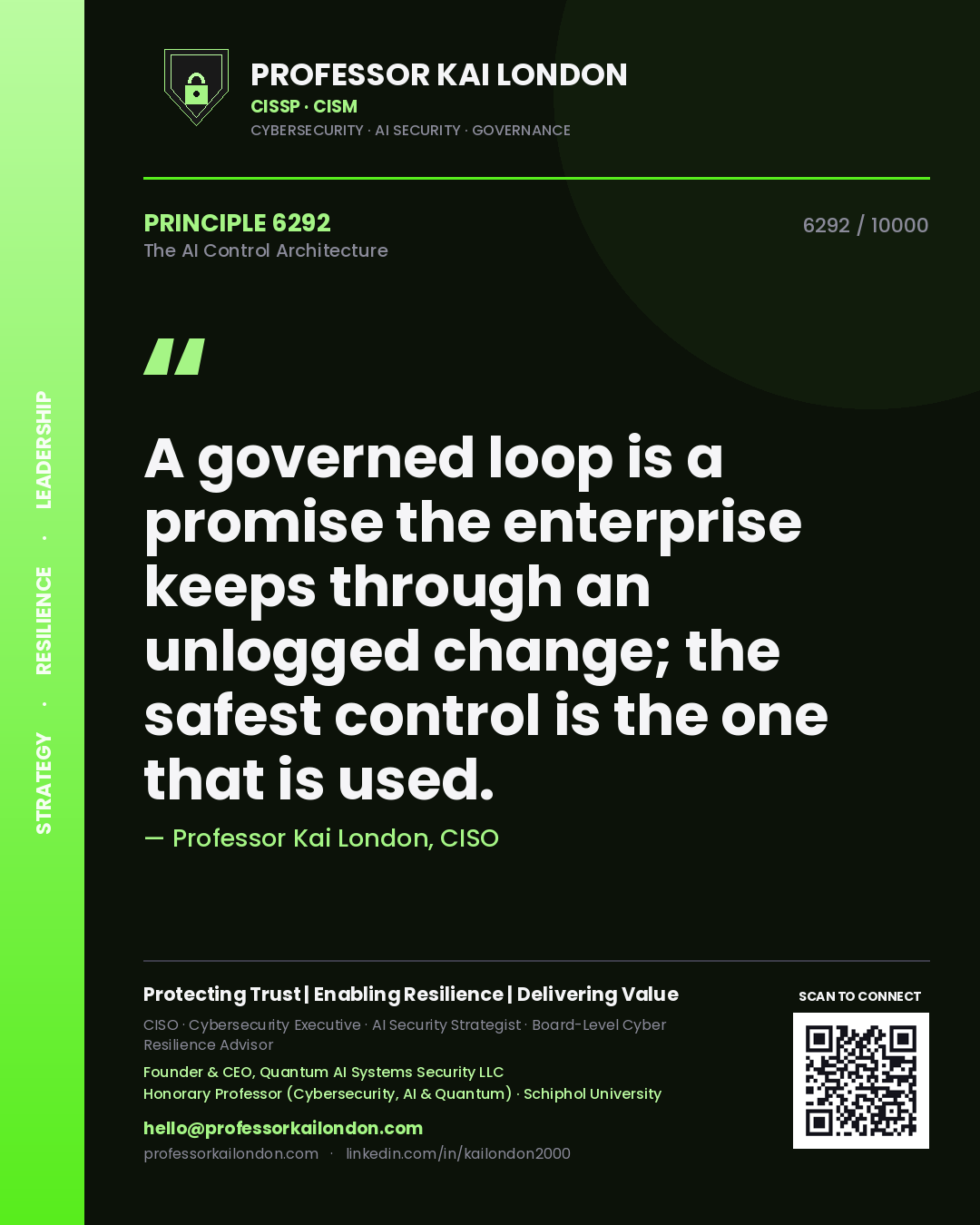 Professor Kai London principle 6292: A governed loop is a promise the enterprise keeps through an unlogged change; the safest control is the one that is used.