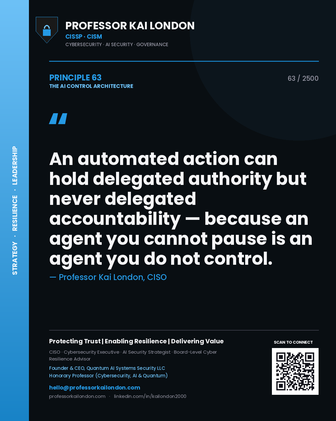 Professor Kai London principle 63: An automated action can hold delegated authority but never delegated accountability — because an agent you cannot pause is an agent you do not control.