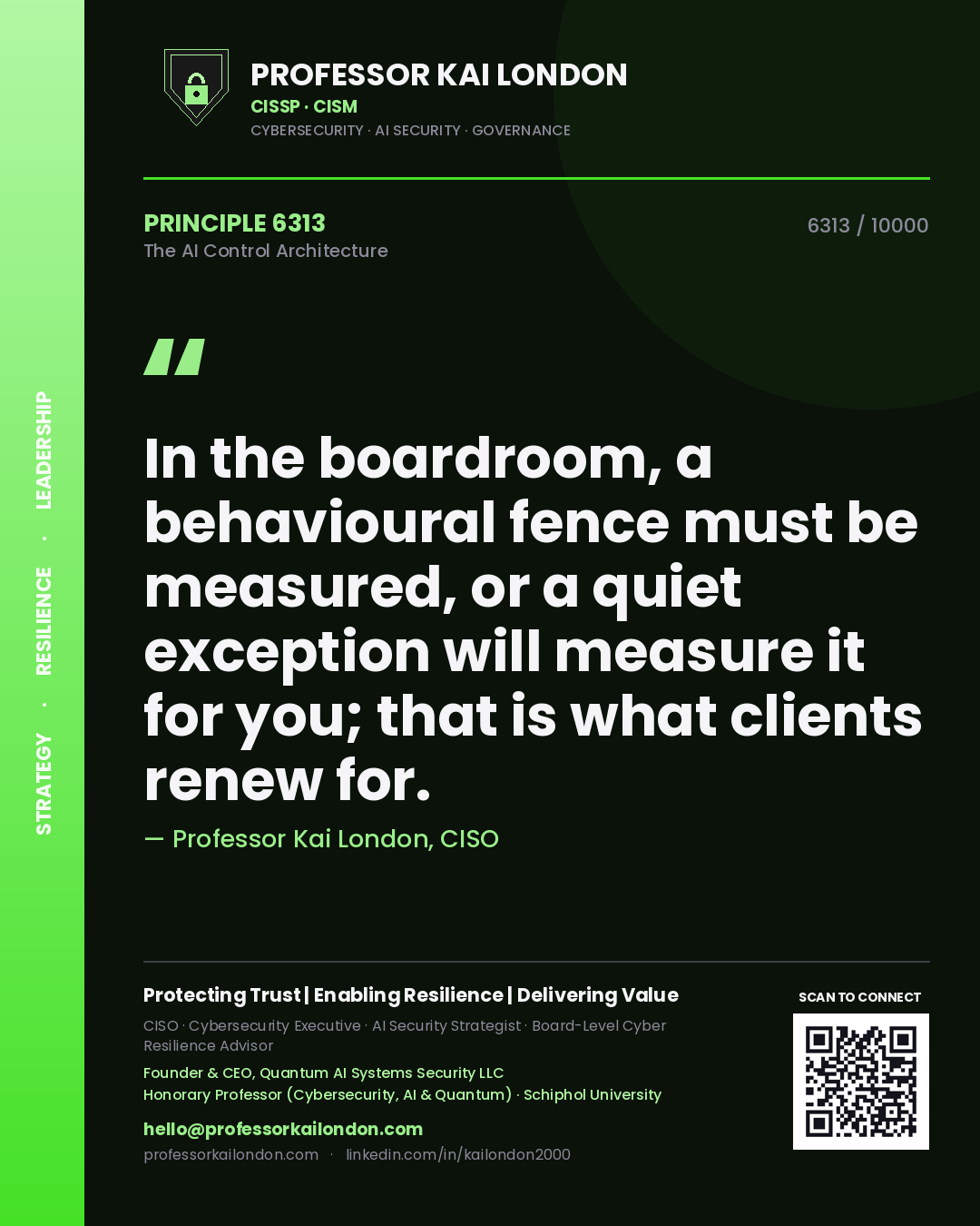 Professor Kai London principle 6313: In the boardroom, a behavioural fence must be measured, or a quiet exception will measure it for you; that is what clients renew for.