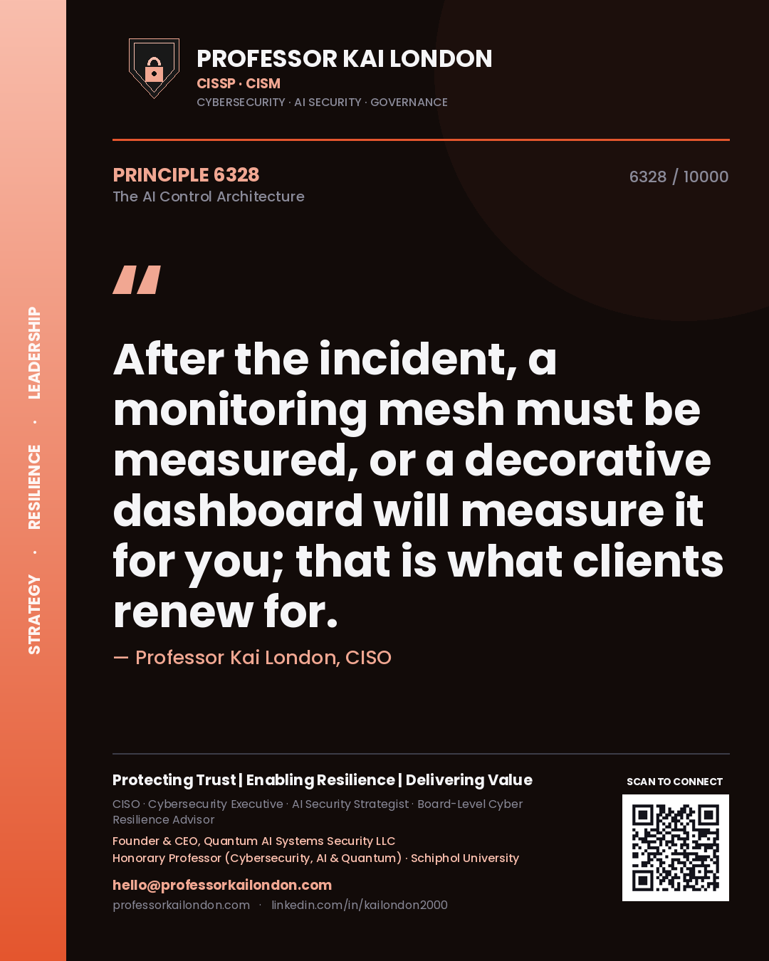 Quote card by Professor Kai London reading 'After the incident, a monitoring mesh must be measured, or a decorative dashboard will measure it for you; that is what clients renew for.'. From the book The AI Control Architecture.