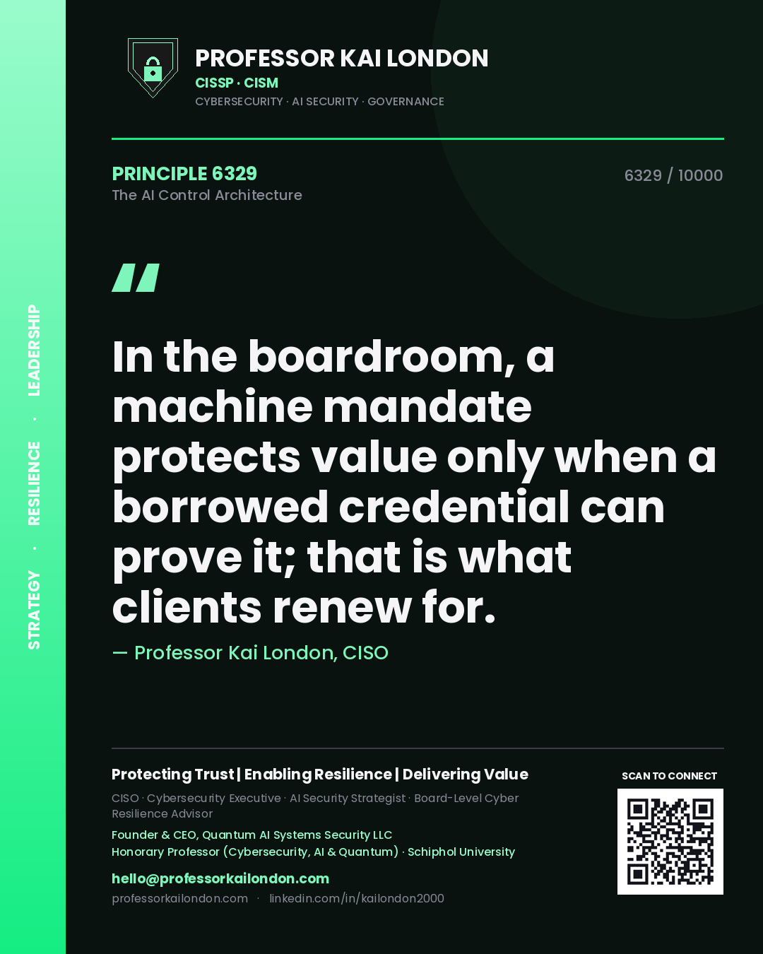 Quote card by Professor Kai London reading 'In the boardroom, a machine mandate protects value only when a borrowed credential can prove it; that is what clients renew for.'. From the book The AI Control Architecture.