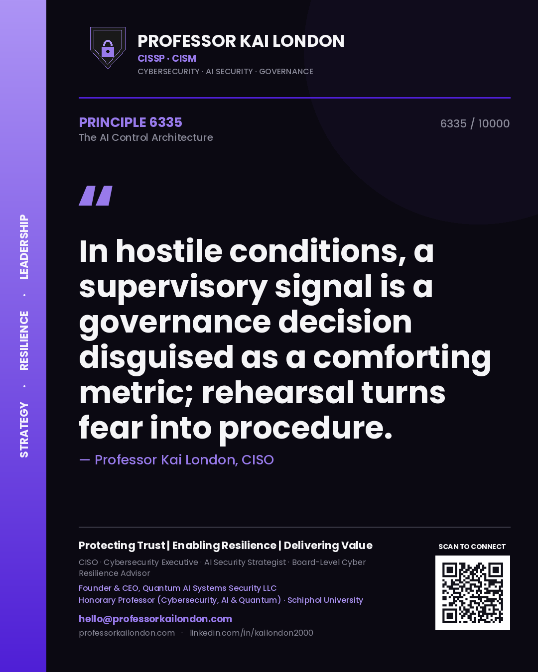 Professor Kai London principle 6335: In hostile conditions, a supervisory signal is a governance decision disguised as a comforting metric; rehearsal turns fear into procedure.