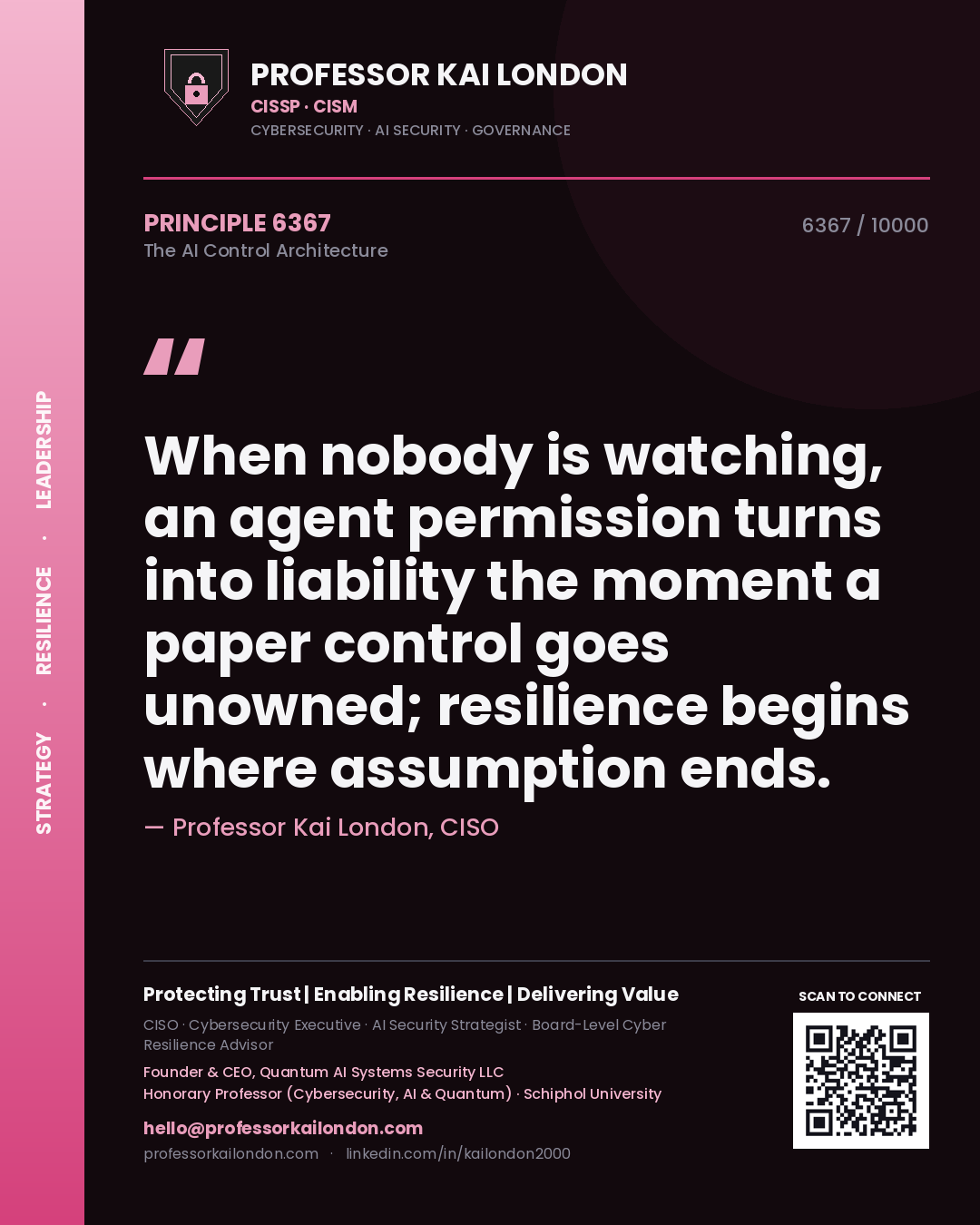 Quote card by Professor Kai London reading 'When nobody is watching, an agent permission turns into liability the moment a paper control goes unowned; resilience begins where assumption ends.'. From the book The AI Control Architecture.