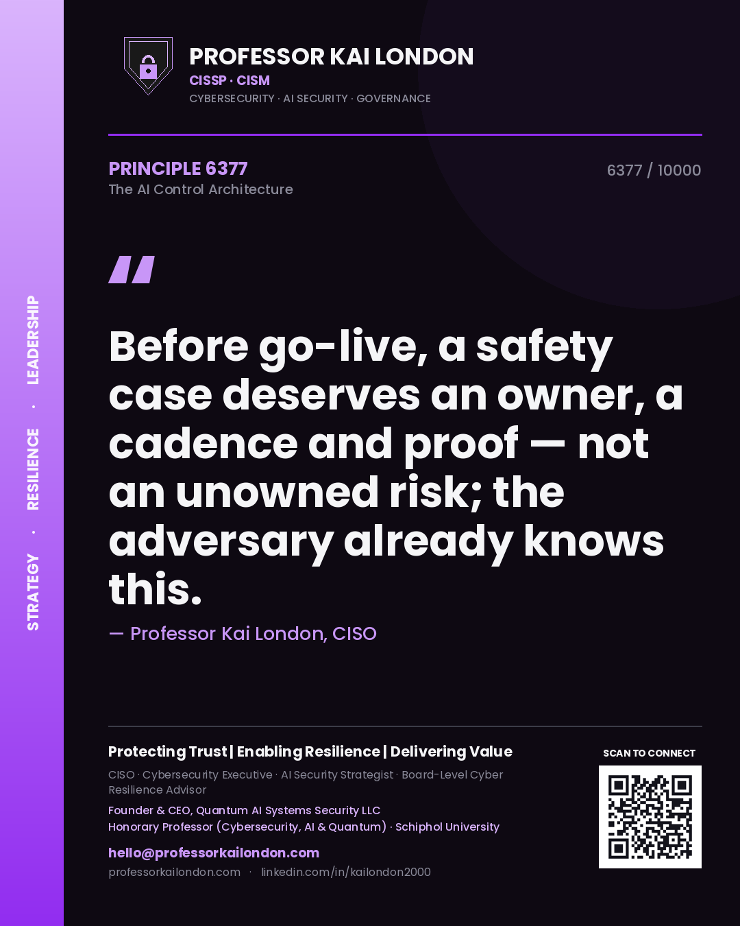 Professor Kai London principle 6377: Before go-live, a safety case deserves an owner, a cadence and proof — not an unowned risk; the adversary already knows this.