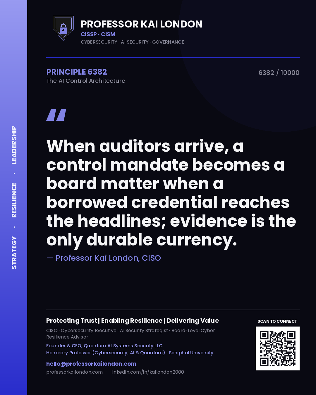 Professor Kai London principle 6382: When auditors arrive, a control mandate becomes a board matter when a borrowed credential reaches the headlines; evidence is the only durable currency.