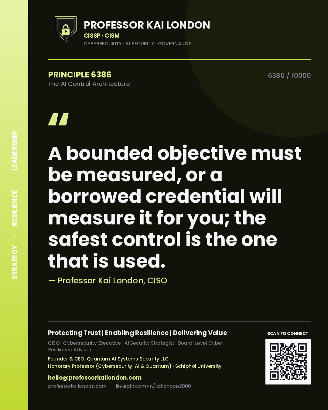Quote card by Professor Kai London reading 'A bounded objective must be measured, or a borrowed credential will measure it for you; the safest control is the one that is used.'. From the book The AI Control Architecture.
