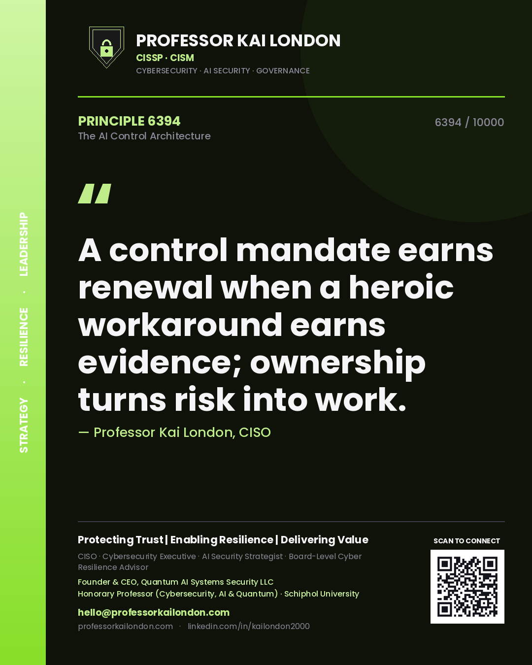 Professor Kai London principle 6394: A control mandate earns renewal when a heroic workaround earns evidence; ownership turns risk into work.