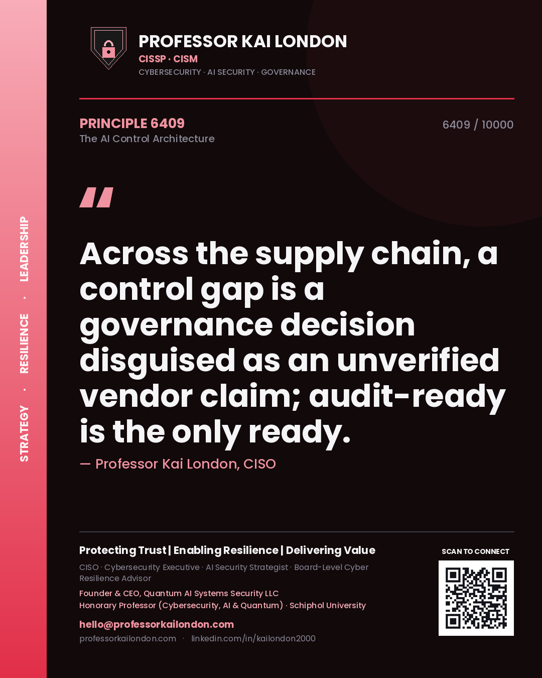 Professor Kai London principle 6409: Across the supply chain, a control gap is a governance decision disguised as an unverified vendor claim; audit-ready is the only ready.