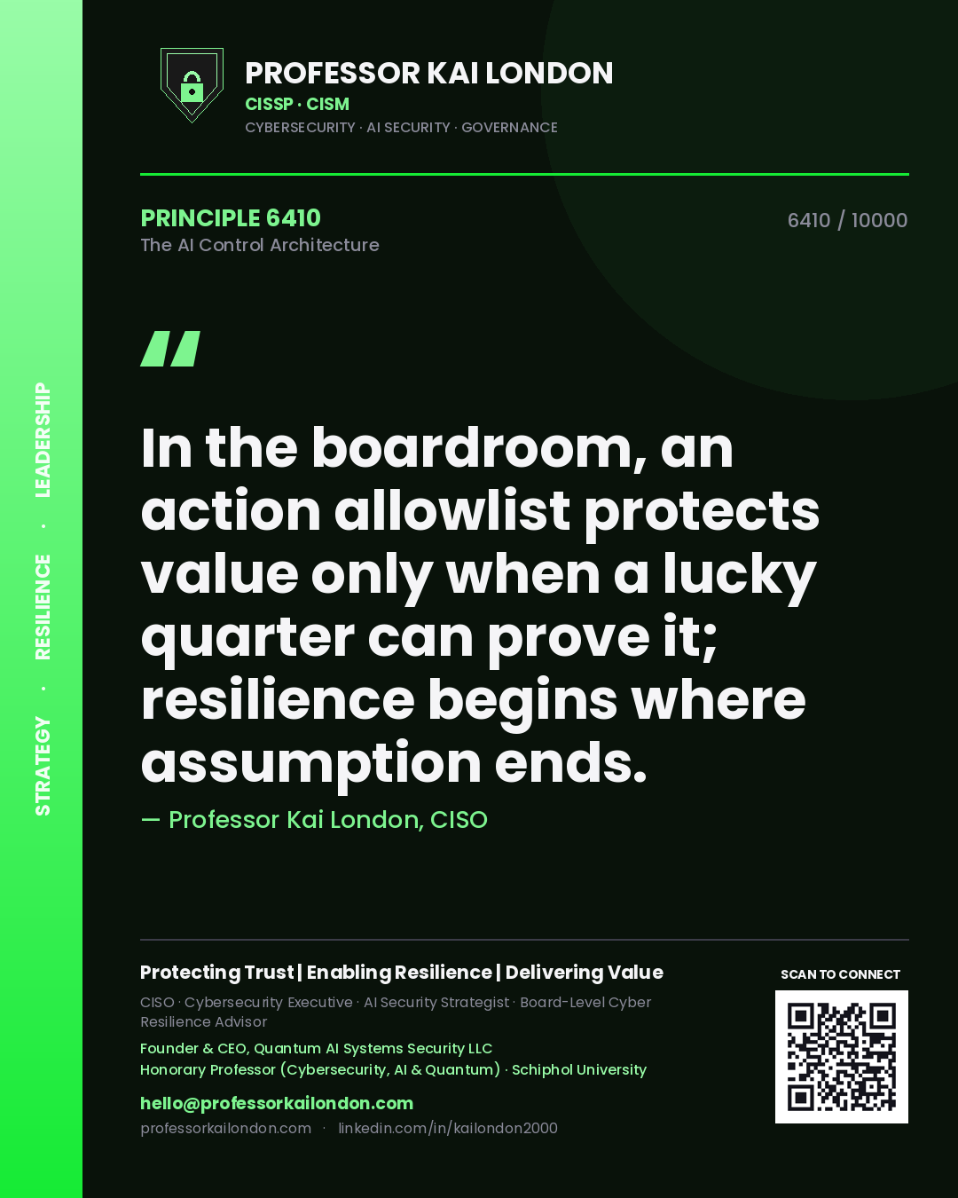 Quote card by Professor Kai London reading 'In the boardroom, an action allowlist protects value only when a lucky quarter can prove it; resilience begins where assumption ends.'. From the book The AI Control Architecture.