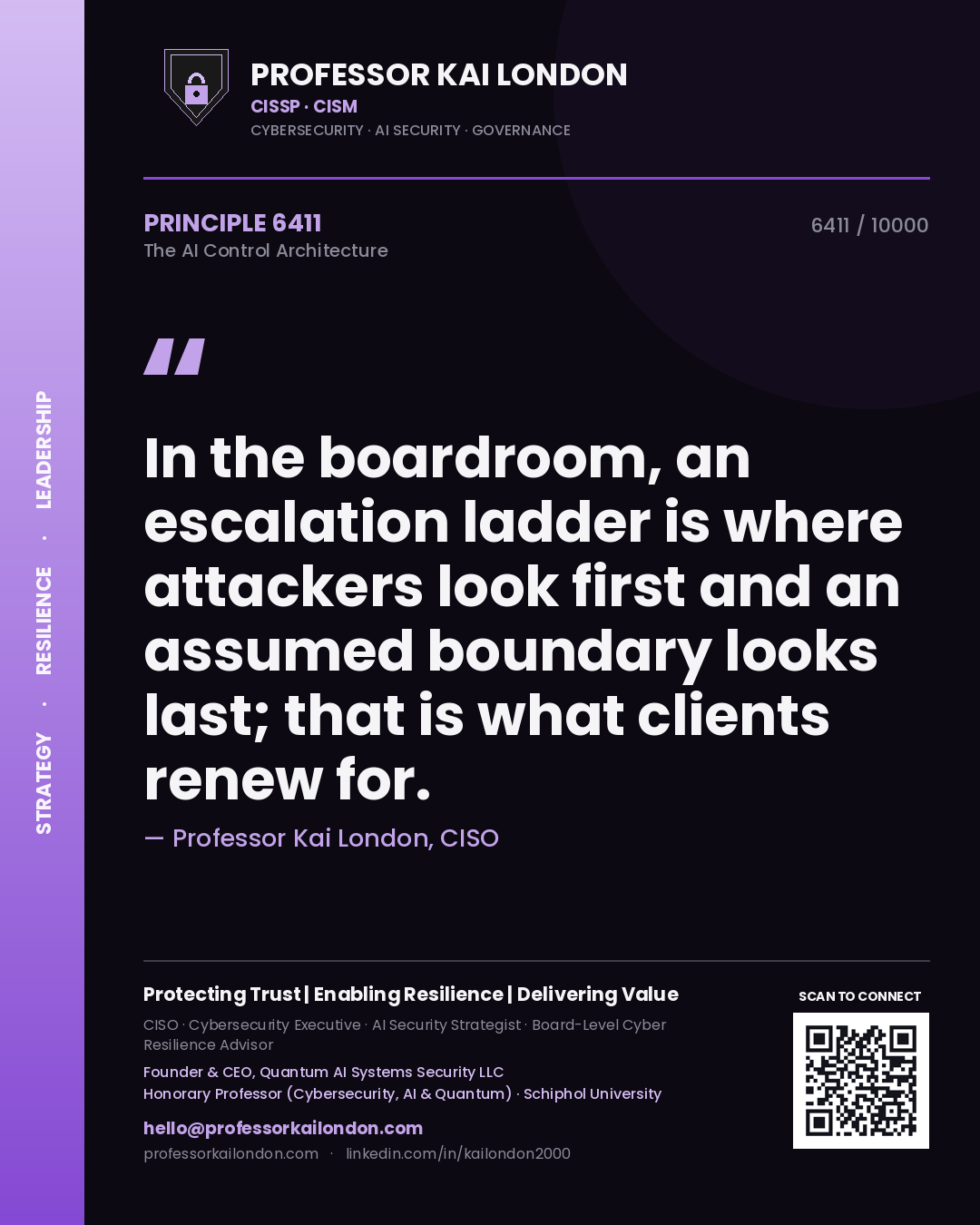 Professor Kai London principle 6411: In the boardroom, an escalation ladder is where attackers look first and an assumed boundary looks last; that is what clients renew for.