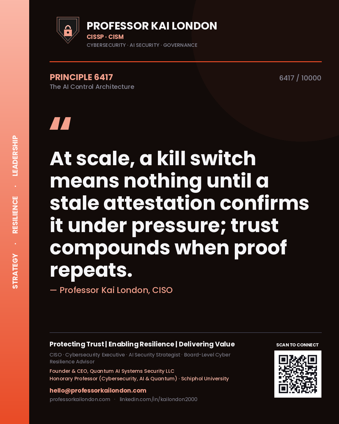 Quote card by Professor Kai London reading 'At scale, a kill switch means nothing until a stale attestation confirms it under pressure; trust compounds when proof repeats.'. From the book The AI Control Architecture.
