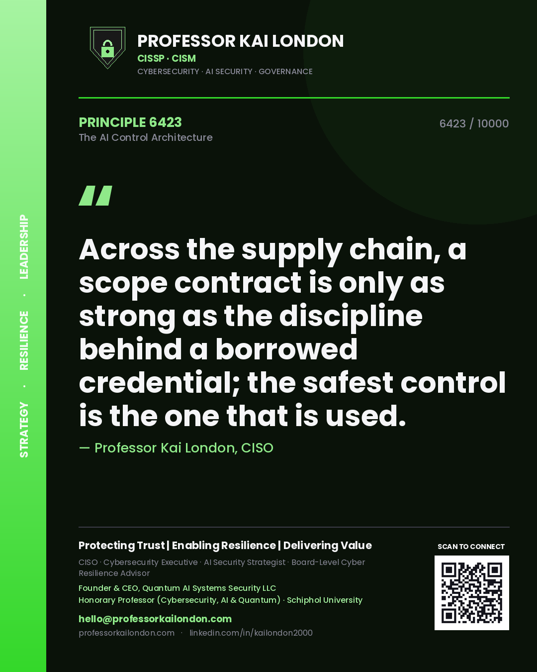Professor Kai London principle 6423: Across the supply chain, a scope contract is only as strong as the discipline behind a borrowed credential; the safest control is the one that is used.
