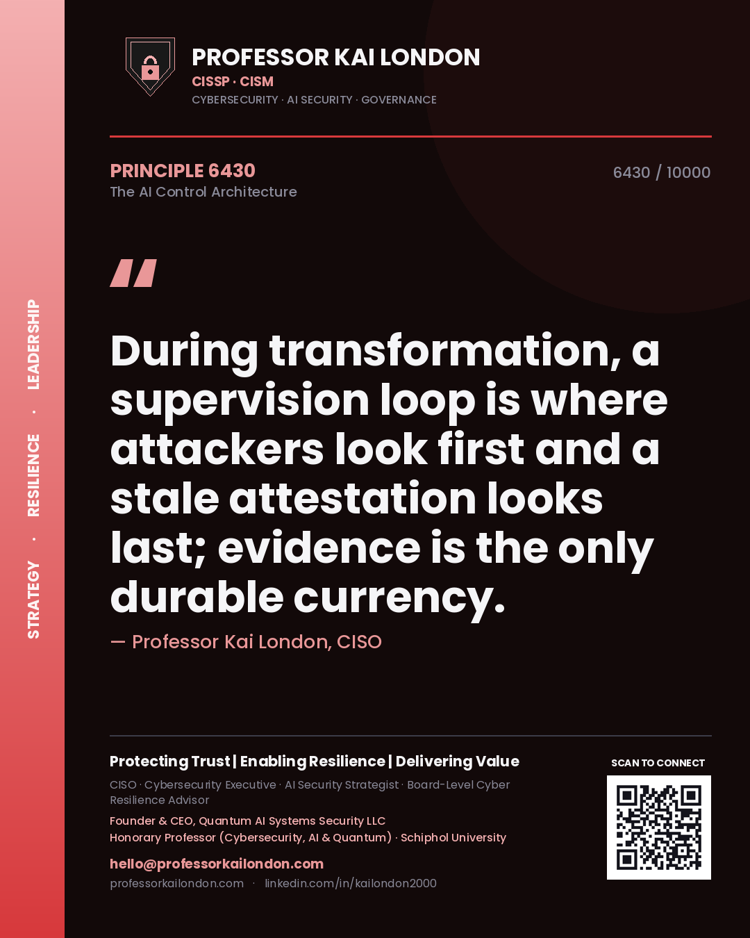 Quote card by Professor Kai London reading 'During transformation, a supervision loop is where attackers look first and a stale attestation looks last; evidence is the only durable currency.'. From the book The AI Control Architecture.