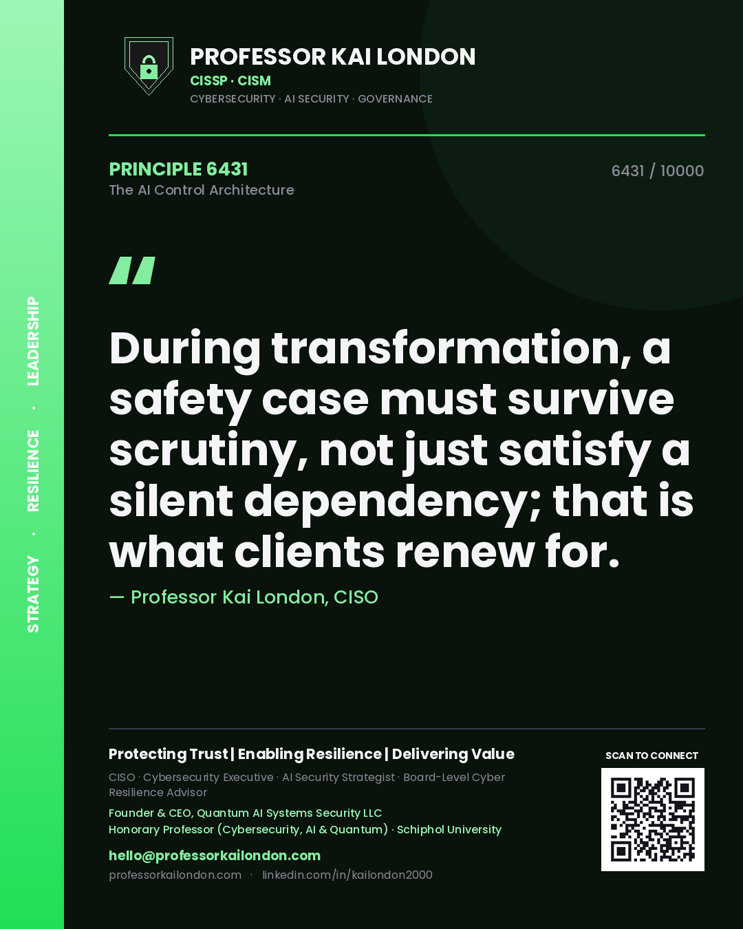 Quote card by Professor Kai London reading 'During transformation, a safety case must survive scrutiny, not just satisfy a silent dependency; that is what clients renew for.'. From the book The AI Control Architecture.