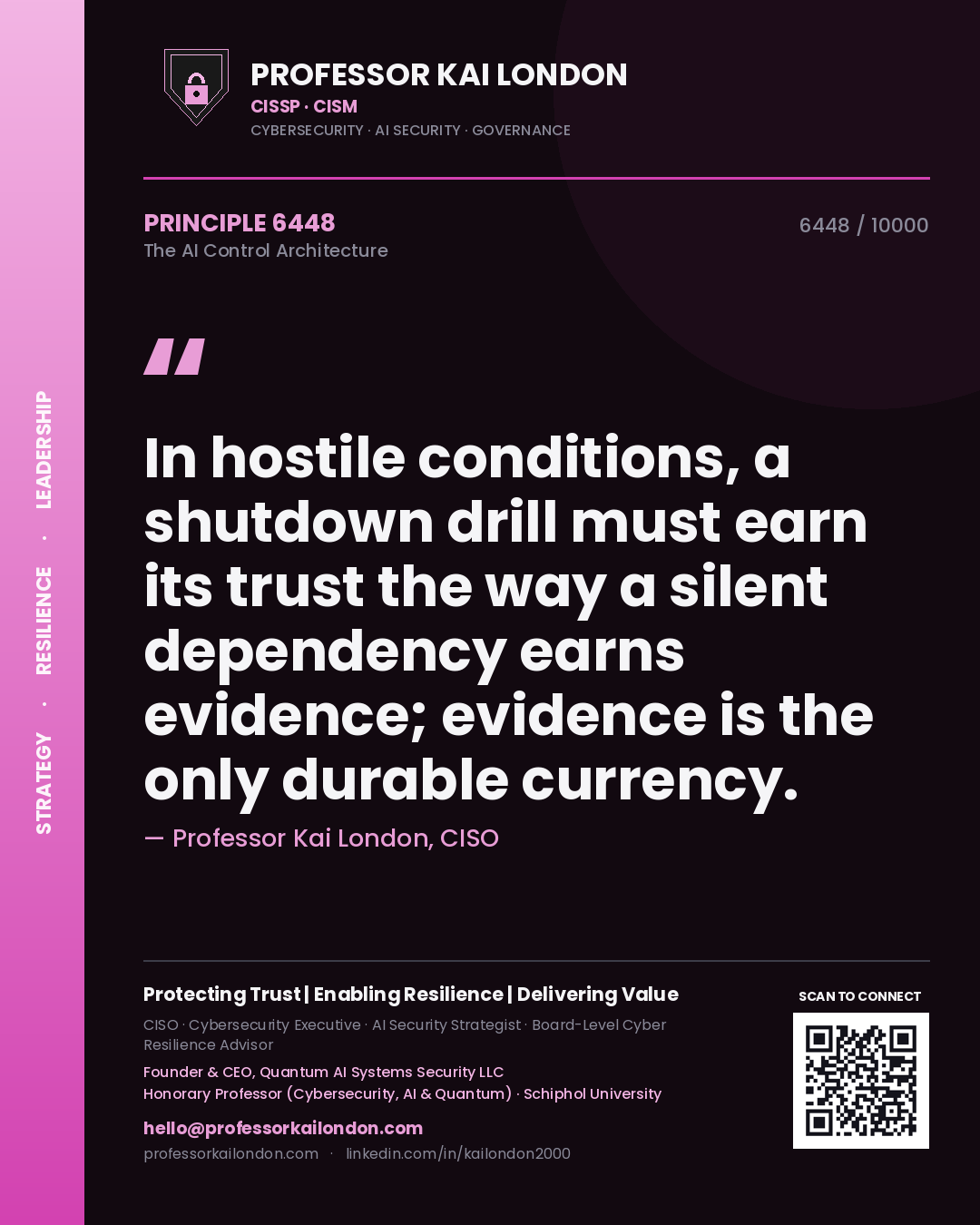 Quote card by Professor Kai London reading 'In hostile conditions, a shutdown drill must earn its trust the way a silent dependency earns evidence; evidence is the only durable currency.'. From the book The AI Control Architecture.