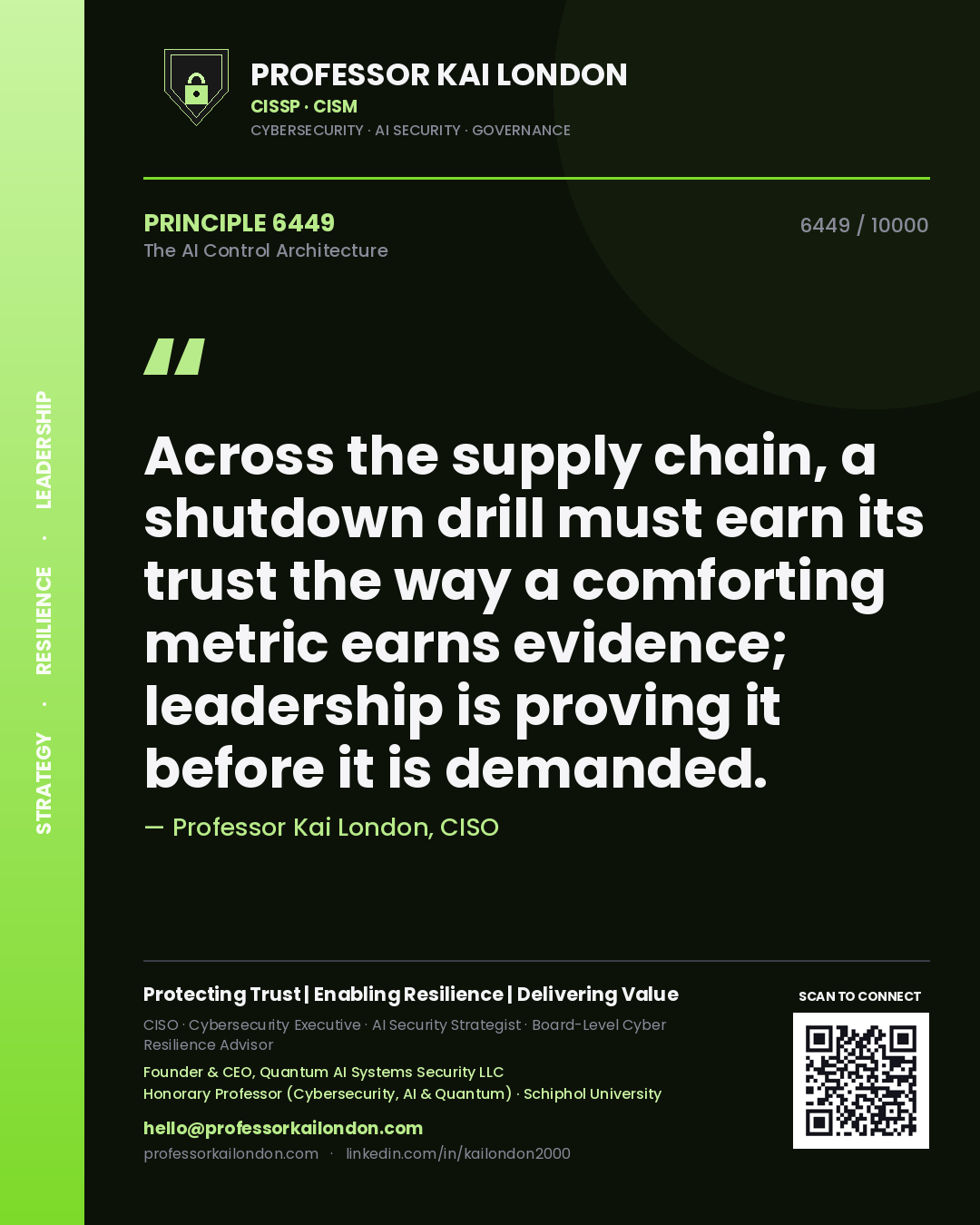 Professor Kai London principle 6449: Across the supply chain, a shutdown drill must earn its trust the way a comforting metric earns evidence; leadership is proving it before it is demanded.