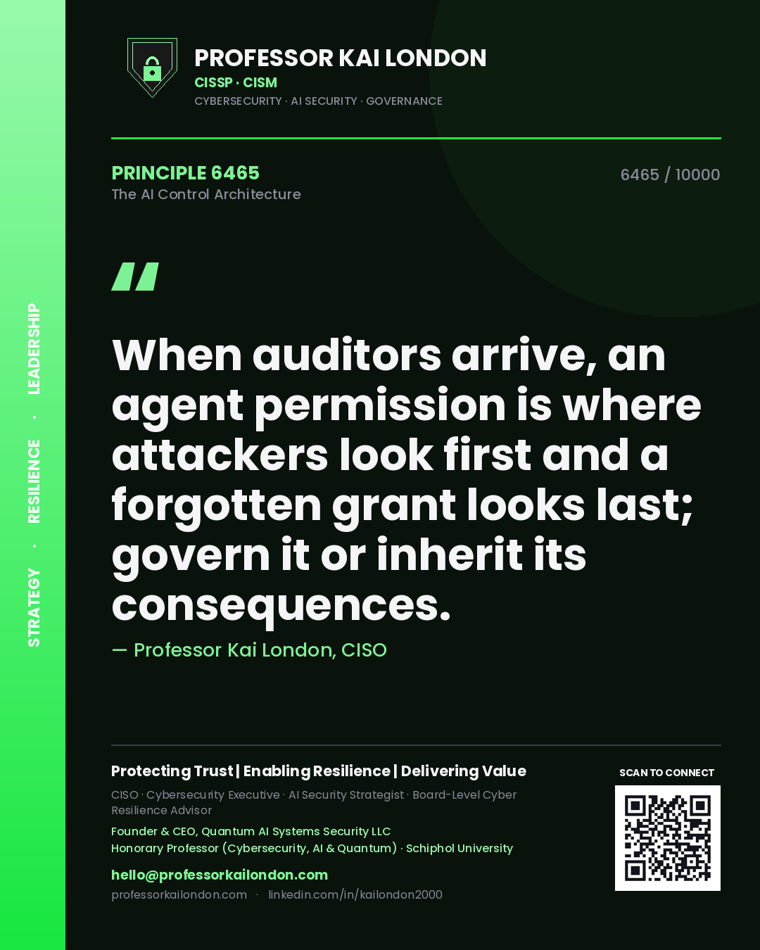 Professor Kai London principle 6465: When auditors arrive, an agent permission is where attackers look first and a forgotten grant looks last; govern it or inherit its consequences.