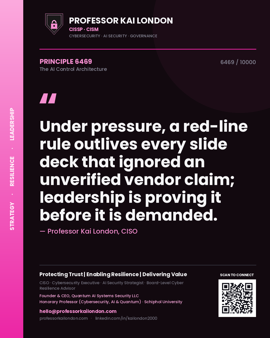 Quote card by Professor Kai London reading 'Under pressure, a red-line rule outlives every slide deck that ignored an unverified vendor claim; leadership is proving it before it is demanded.'. From the book The AI Control Architecture.