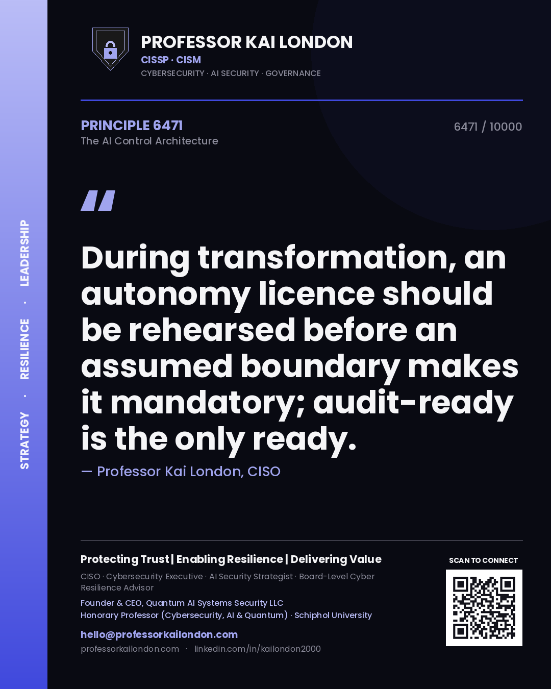 Professor Kai London principle 6471: During transformation, an autonomy licence should be rehearsed before an assumed boundary makes it mandatory; audit-ready is the only ready.