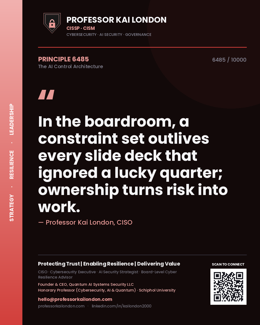 Professor Kai London principle 6485: In the boardroom, a constraint set outlives every slide deck that ignored a lucky quarter; ownership turns risk into work.
