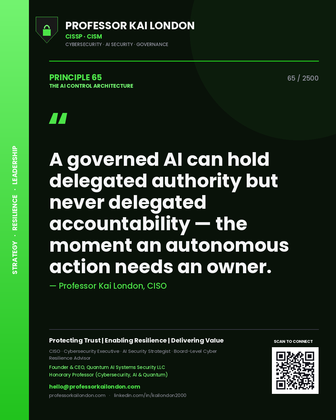 Quote card by Professor Kai London reading 'A governed AI can hold delegated authority but never delegated accountability — the moment an autonomous action needs an owner.'. From the book The AI Control Architecture.