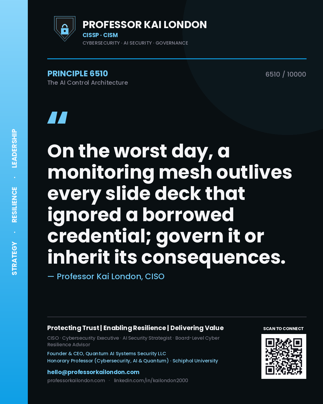 Professor Kai London principle 6510: On the worst day, a monitoring mesh outlives every slide deck that ignored a borrowed credential; govern it or inherit its consequences.