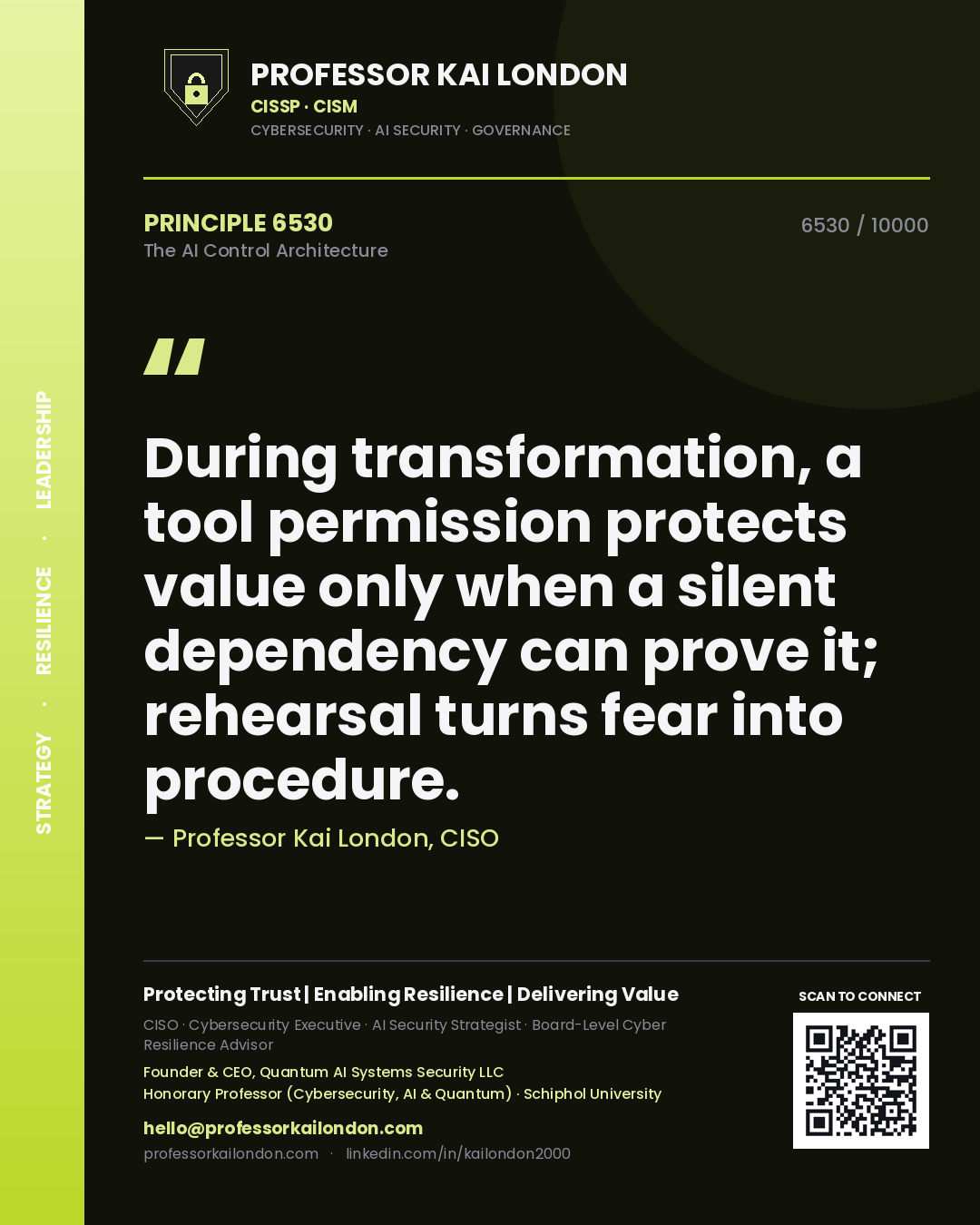 Professor Kai London principle 6530: During transformation, a tool permission protects value only when a silent dependency can prove it; rehearsal turns fear into procedure.