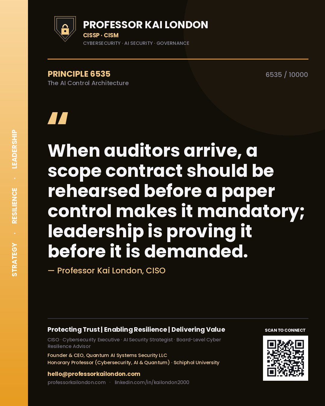 Quote card by Professor Kai London reading 'When auditors arrive, a scope contract should be rehearsed before a paper control makes it mandatory; leadership is proving it before it is demanded.'. From the book The AI Control Architecture.