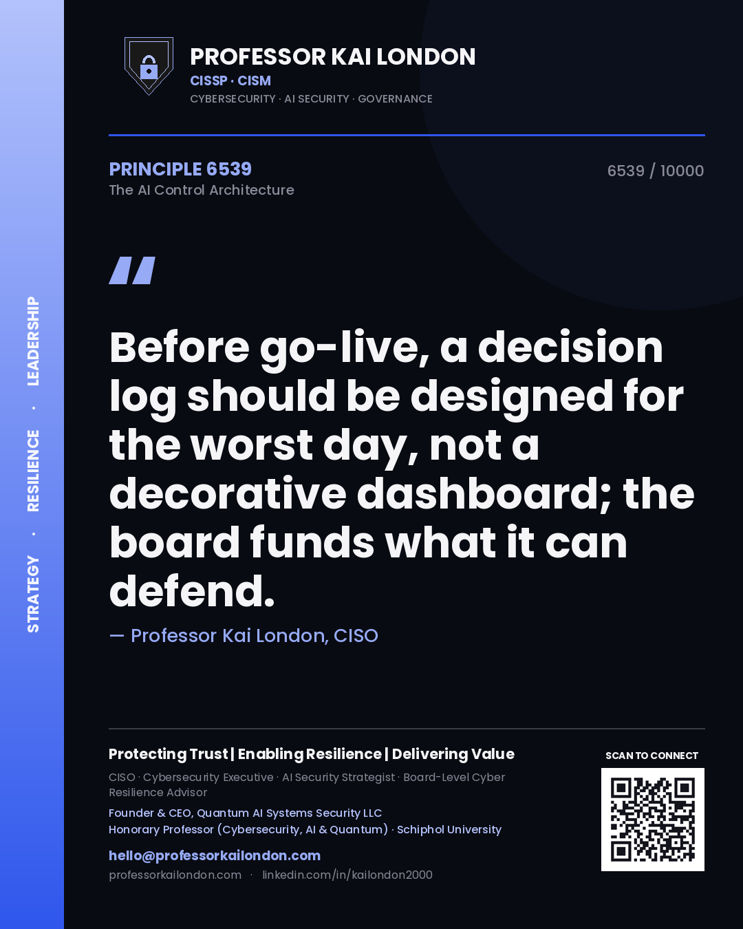 Quote card by Professor Kai London reading 'Before go-live, a decision log should be designed for the worst day, not a decorative dashboard; the board funds what it can defend.'. From the book The AI Control Architecture.