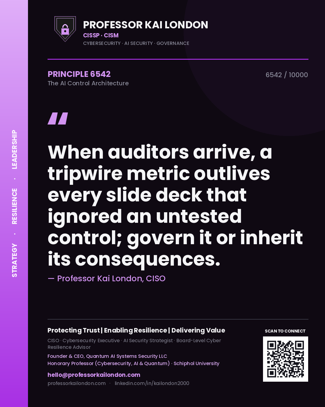 Professor Kai London principle 6542: When auditors arrive, a tripwire metric outlives every slide deck that ignored an untested control; govern it or inherit its consequences.