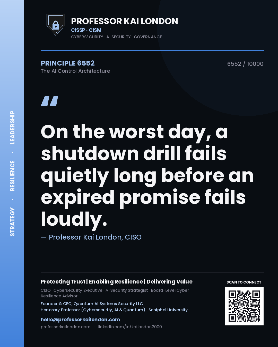 Professor Kai London principle 6552: On the worst day, a shutdown drill fails quietly long before an expired promise fails loudly.