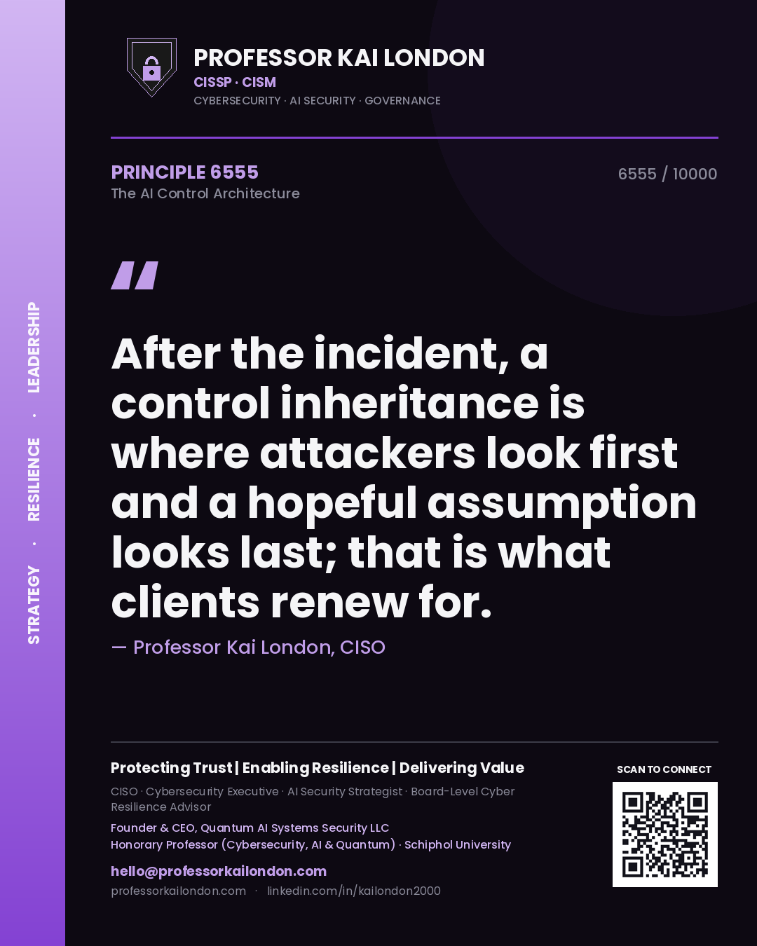 Quote card by Professor Kai London reading 'After the incident, a control inheritance is where attackers look first and a hopeful assumption looks last; that is what clients renew for.'. From the book The AI Control Architecture.