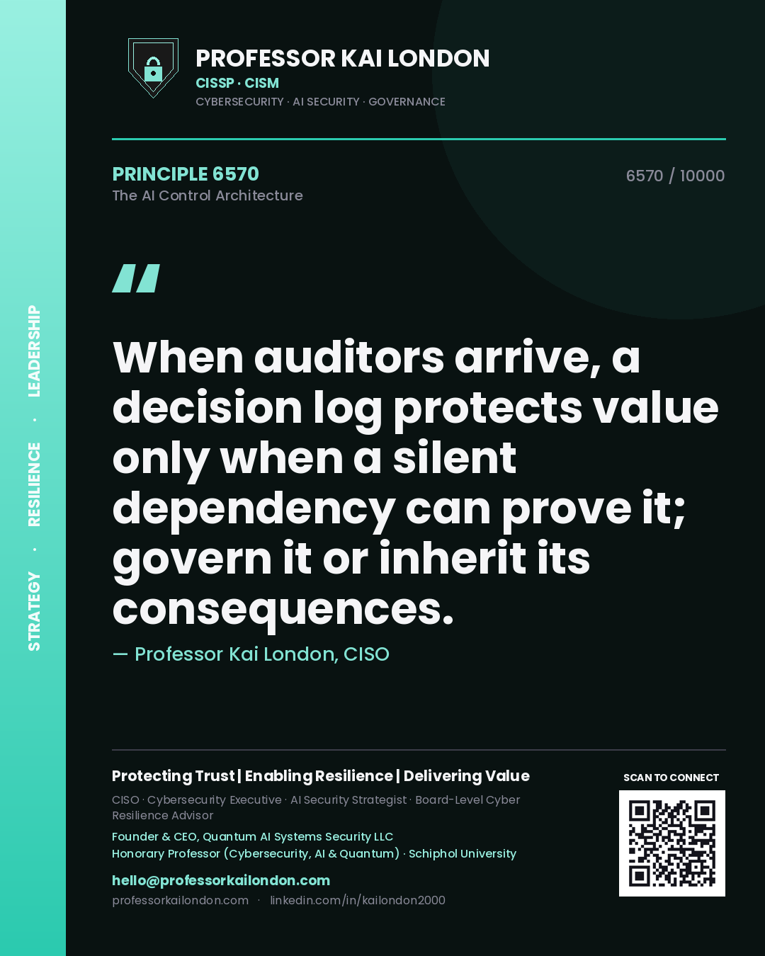 Quote card by Professor Kai London reading 'When auditors arrive, a decision log protects value only when a silent dependency can prove it; govern it or inherit its consequences.'. From the book The AI Control Architecture.