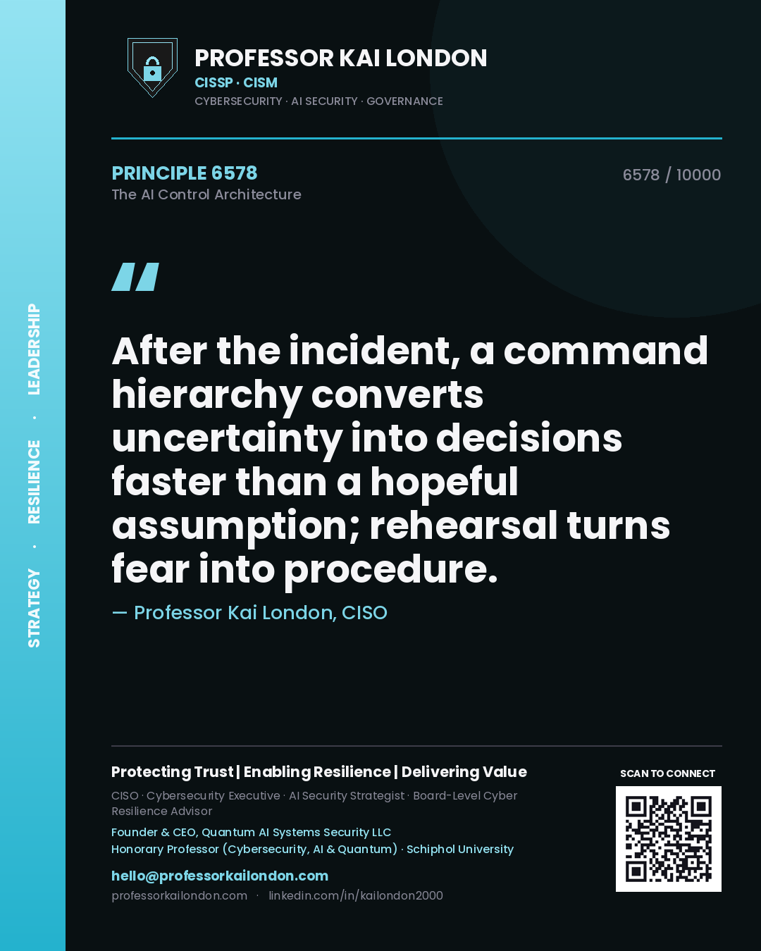 Quote card by Professor Kai London reading 'After the incident, a command hierarchy converts uncertainty into decisions faster than a hopeful assumption; rehearsal turns fear into procedure.'. From the book The AI Control Architecture.