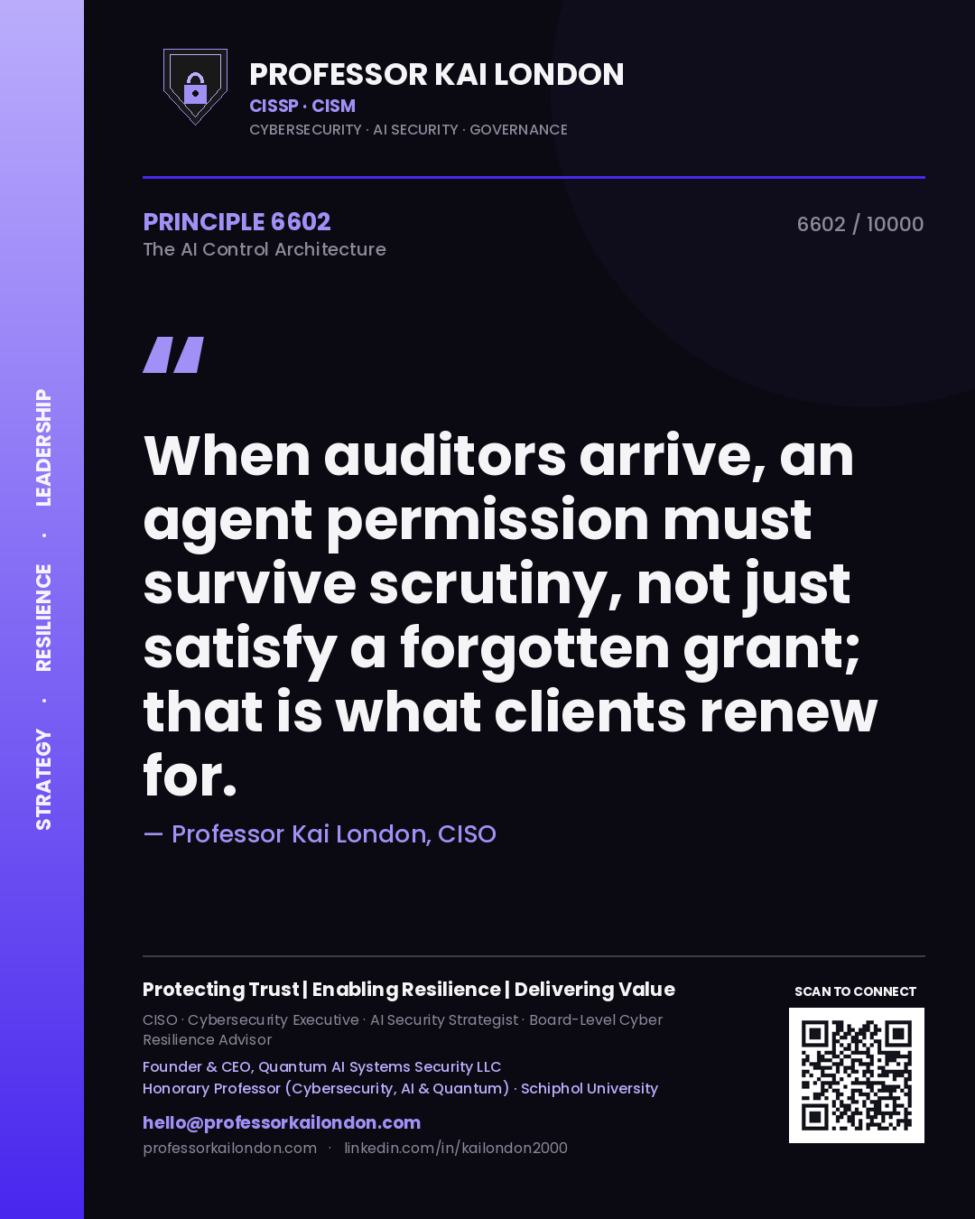 Quote card by Professor Kai London reading 'When auditors arrive, an agent permission must survive scrutiny, not just satisfy a forgotten grant; that is what clients renew for.'. From the book The AI Control Architecture.