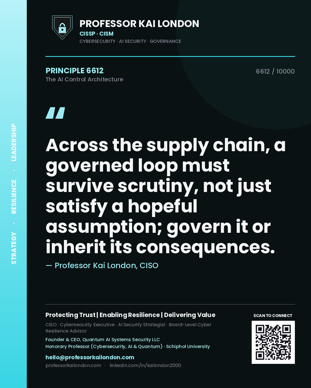 Professor Kai London principle 6612: Across the supply chain, a governed loop must survive scrutiny, not just satisfy a hopeful assumption; govern it or inherit its consequences.