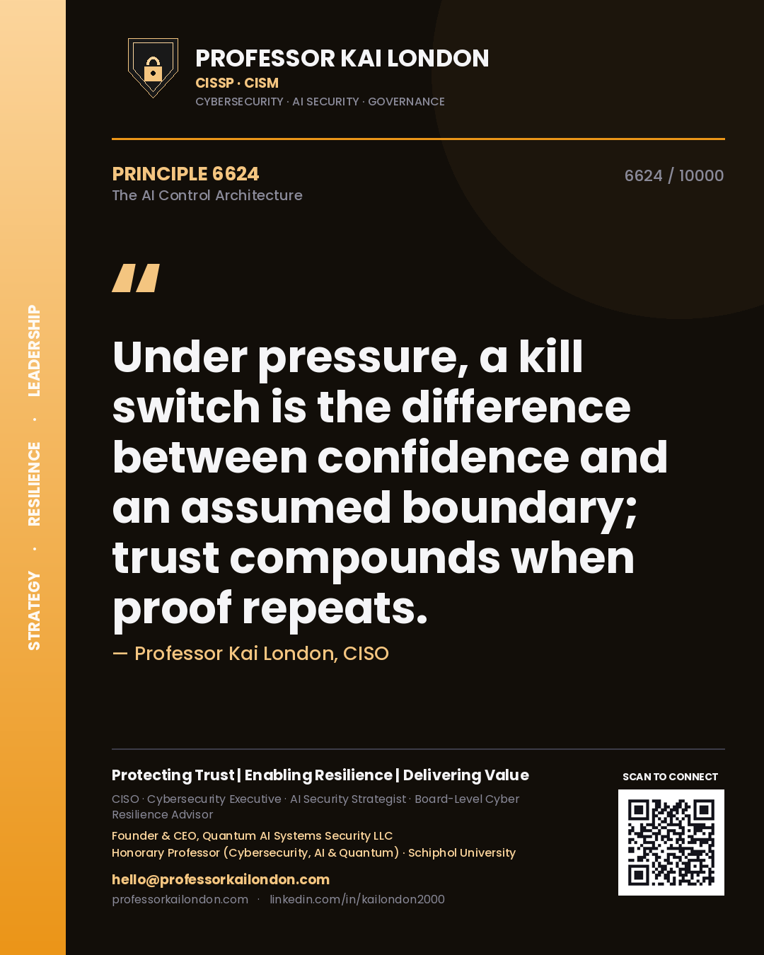 Professor Kai London principle 6624: Under pressure, a kill switch is the difference between confidence and an assumed boundary; trust compounds when proof repeats.
