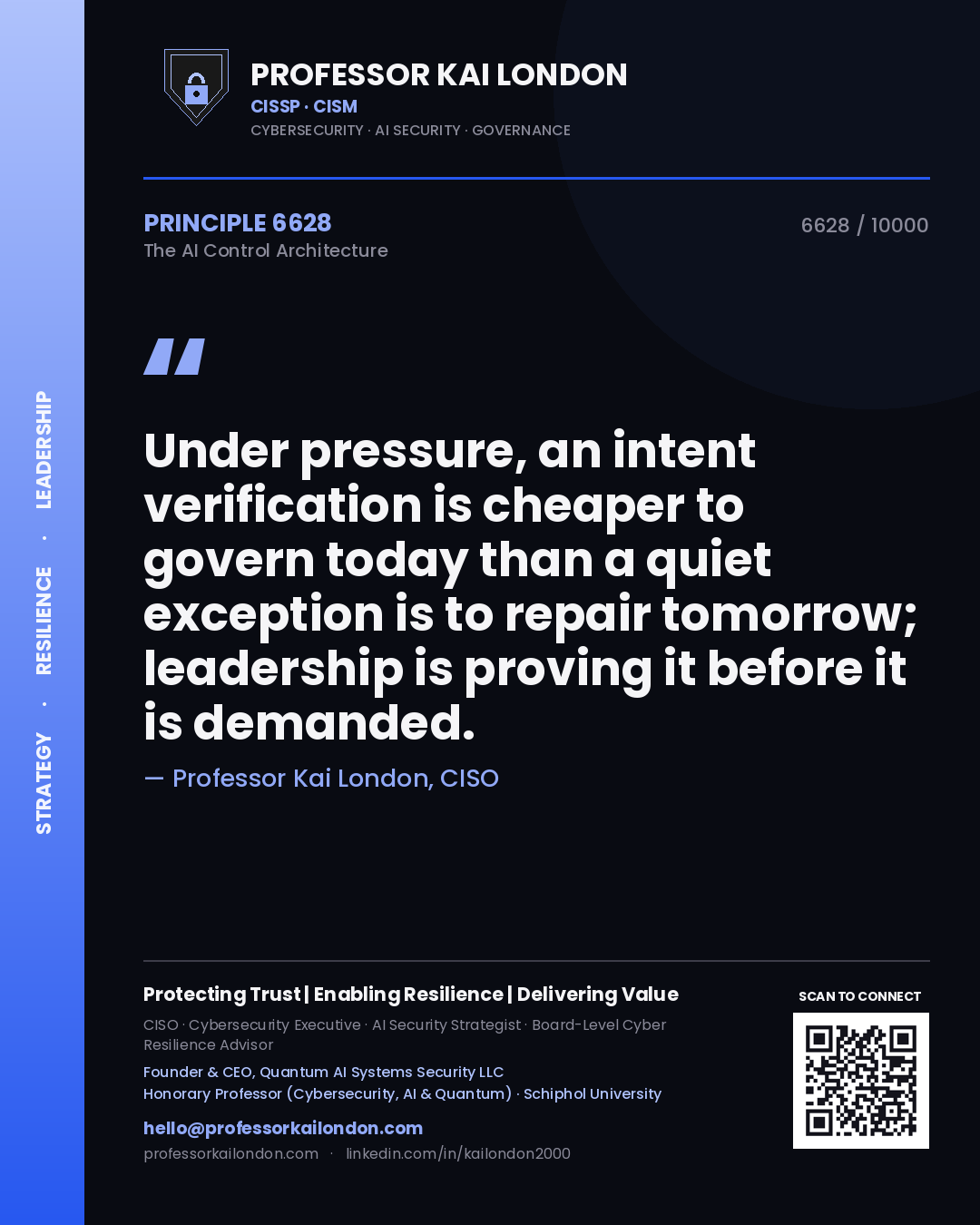 Professor Kai London principle 6628: Under pressure, an intent verification is cheaper to govern today than a quiet exception is to repair tomorrow; leadership is proving it before it is demanded.