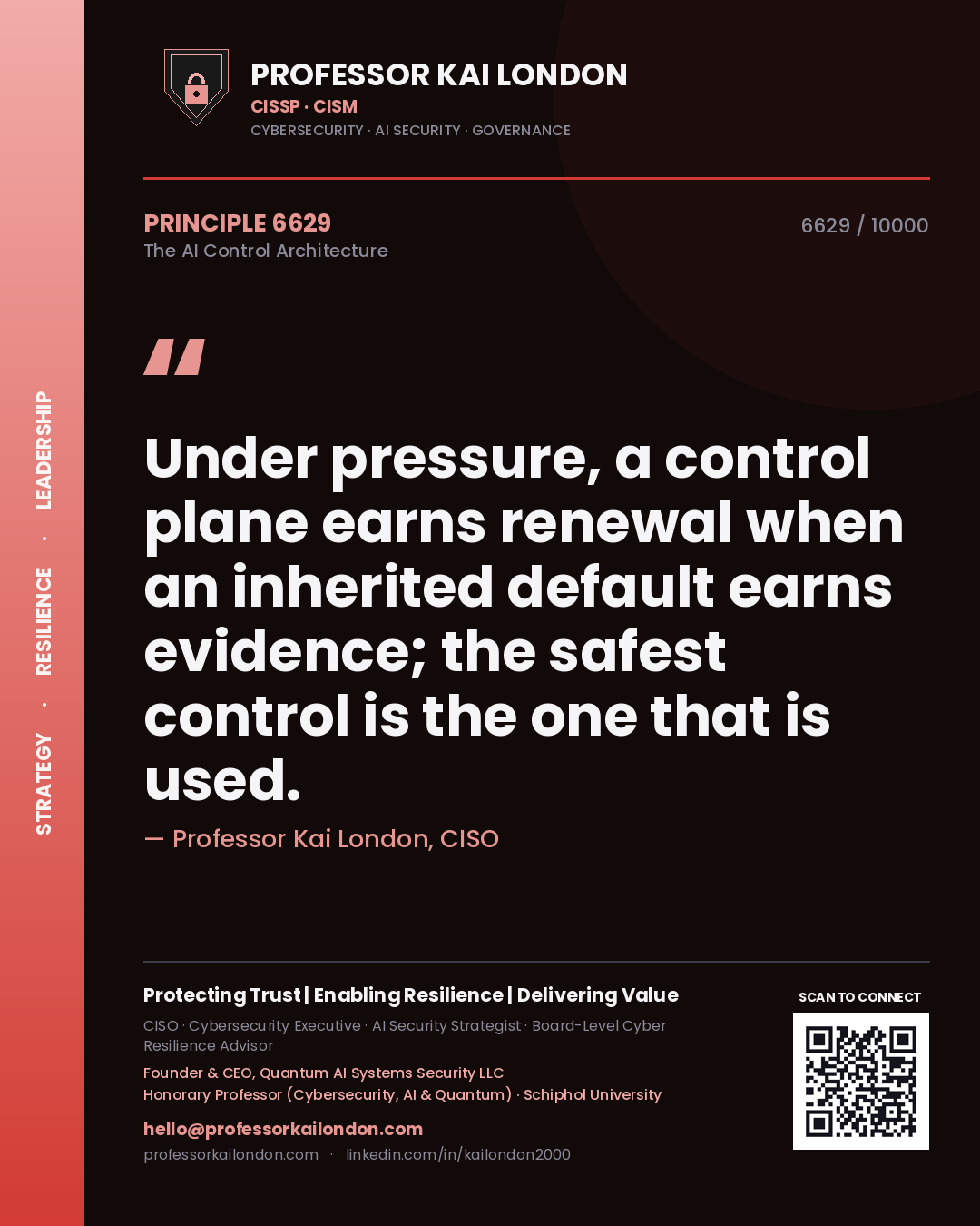 Quote card by Professor Kai London reading 'Under pressure, a control plane earns renewal when an inherited default earns evidence; the safest control is the one that is used.'. From the book The AI Control Architecture.