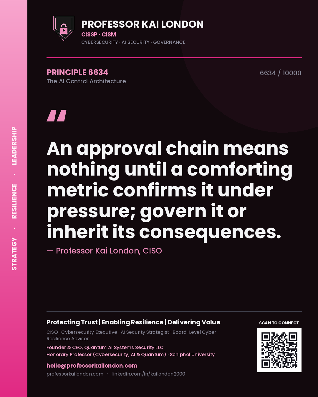 Quote card by Professor Kai London reading 'An approval chain means nothing until a comforting metric confirms it under pressure; govern it or inherit its consequences.'. From the book The AI Control Architecture.