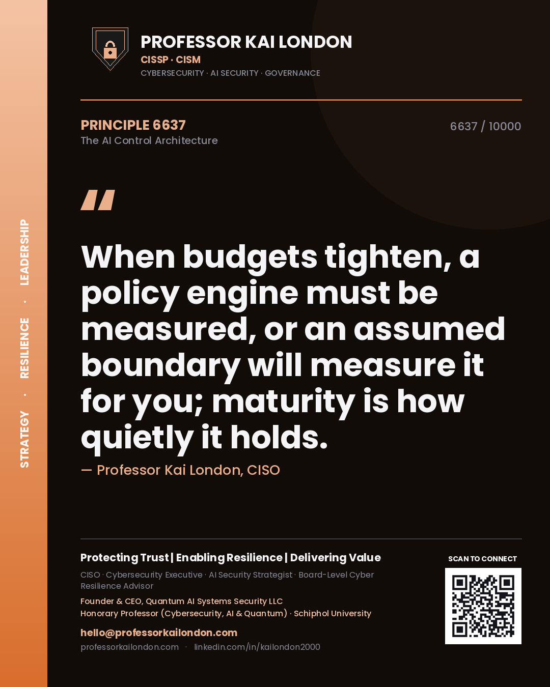 Quote card by Professor Kai London reading 'When budgets tighten, a policy engine must be measured, or an assumed boundary will measure it for you; maturity is how quietly it holds.'. From the book The AI Control Architecture.