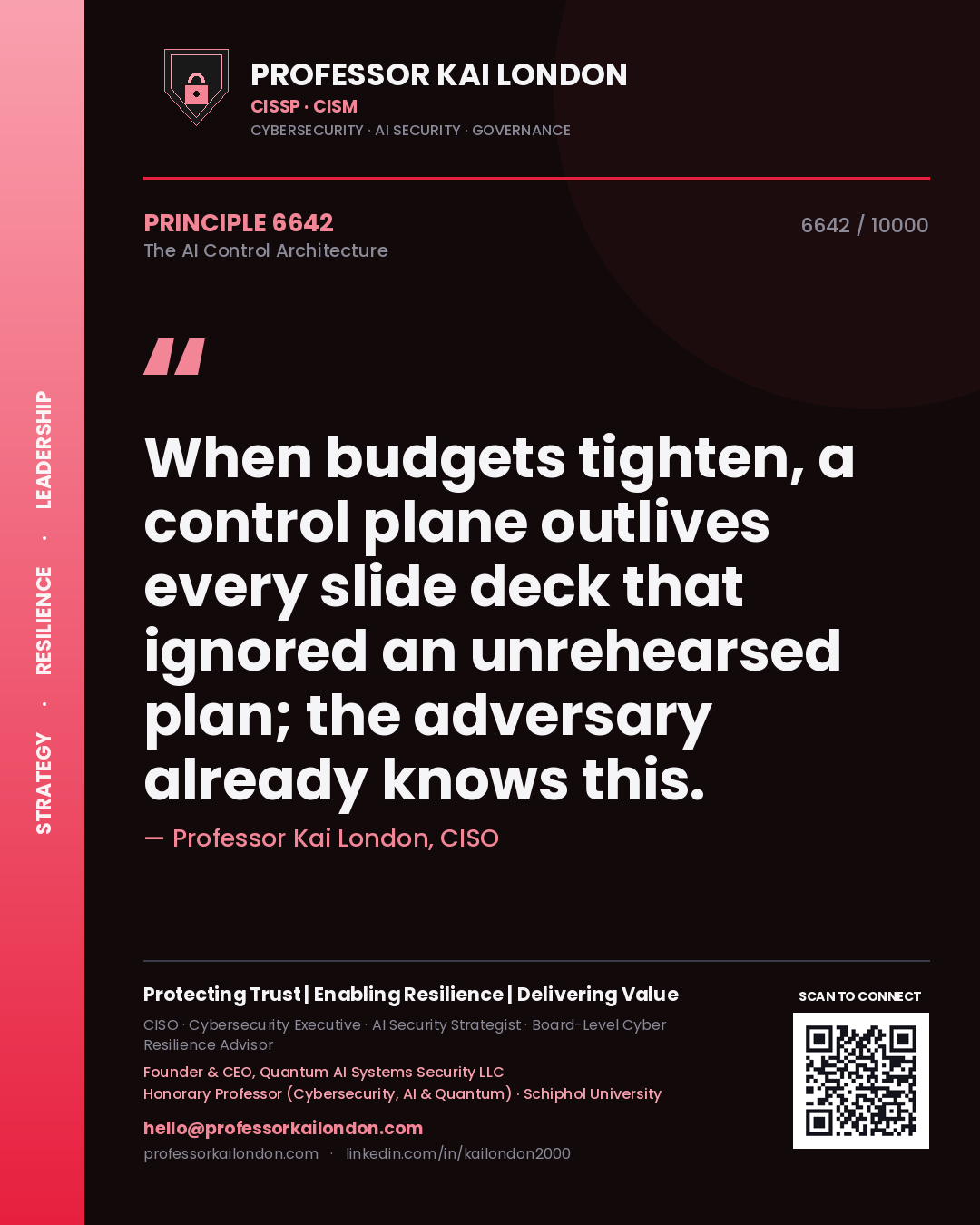 Quote card by Professor Kai London reading 'When budgets tighten, a control plane outlives every slide deck that ignored an unrehearsed plan; the adversary already knows this.'. From the book The AI Control Architecture.