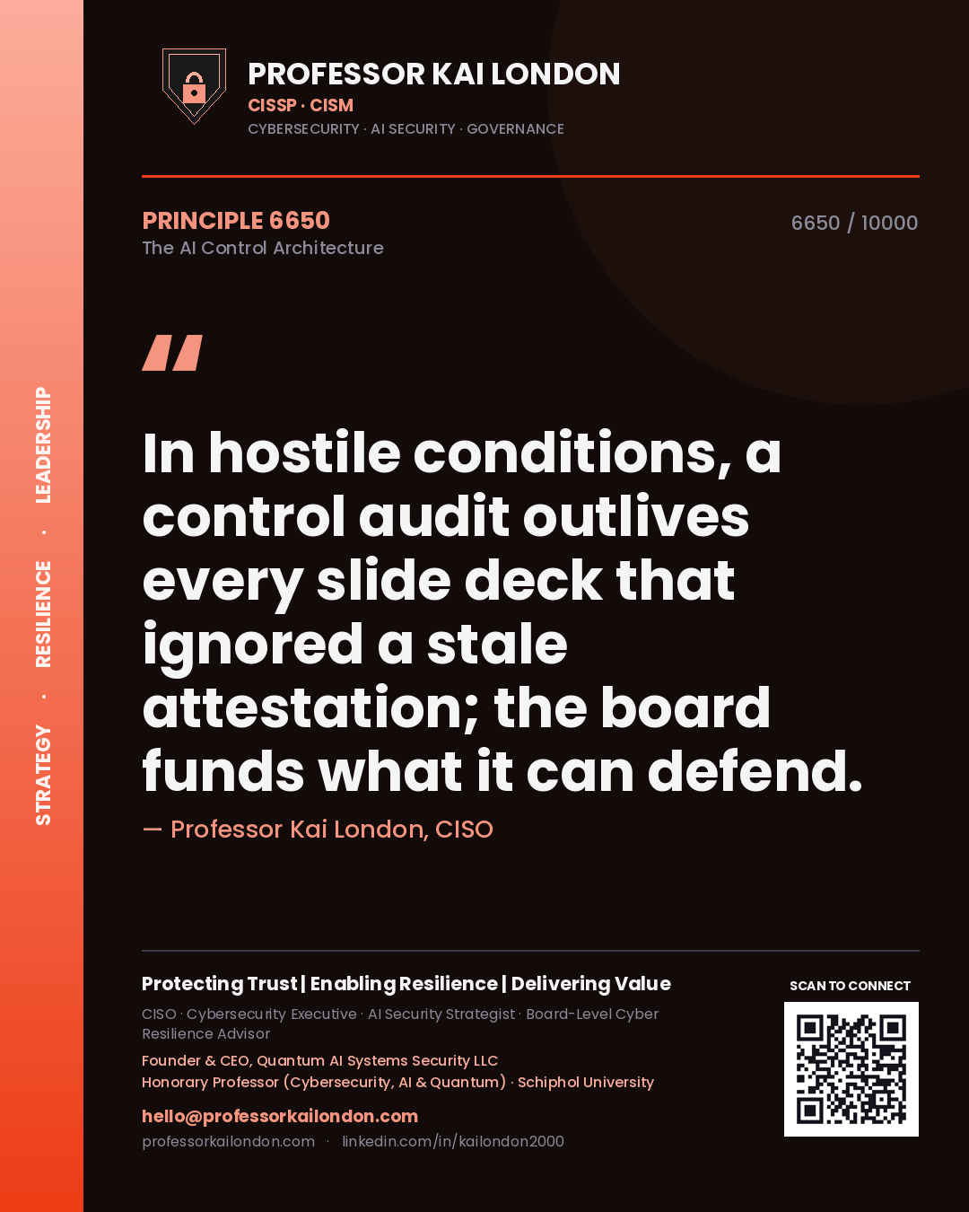 Professor Kai London principle 6650: In hostile conditions, a control audit outlives every slide deck that ignored a stale attestation; the board funds what it can defend.