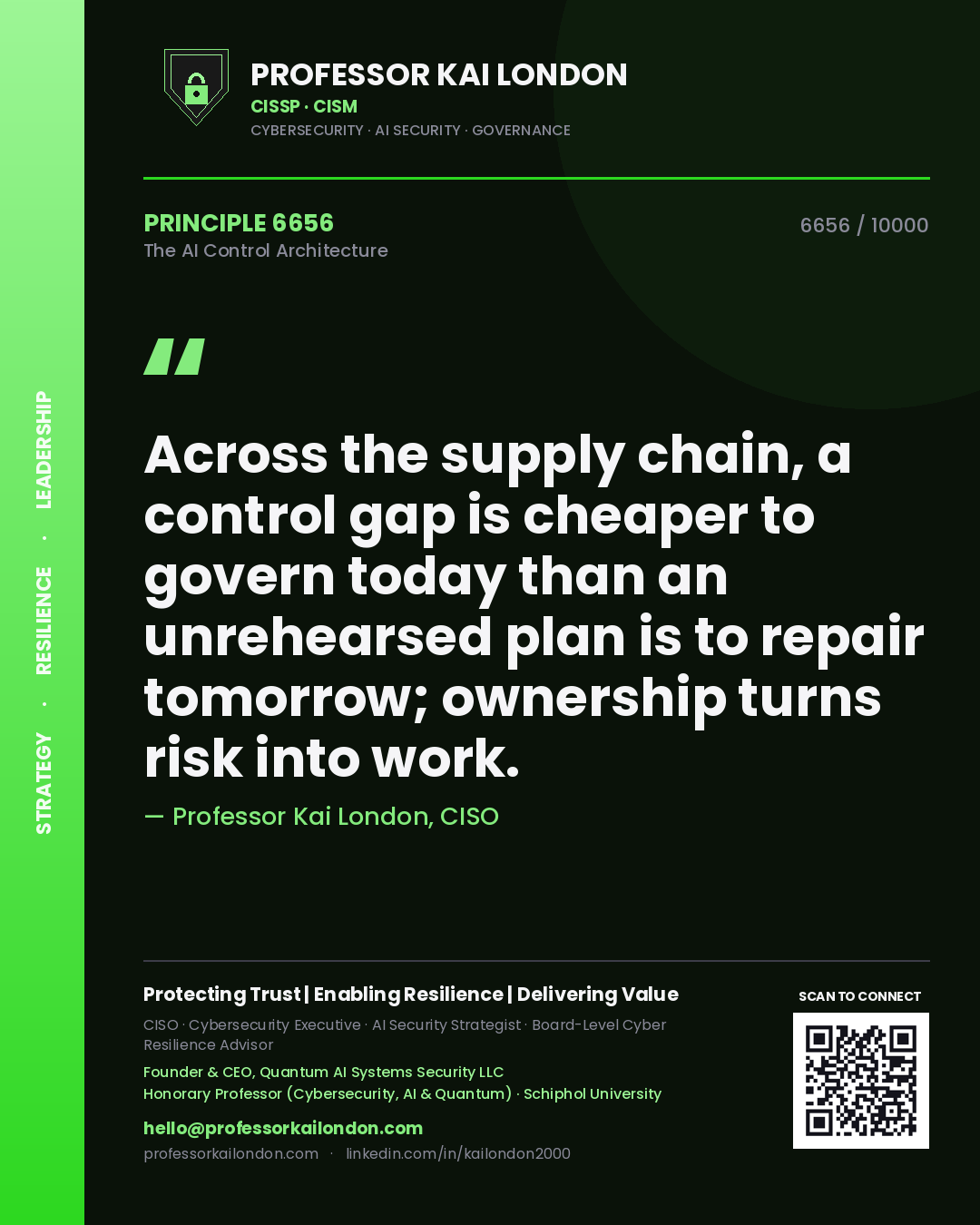 Professor Kai London principle 6656: Across the supply chain, a control gap is cheaper to govern today than an unrehearsed plan is to repair tomorrow; ownership turns risk into work.