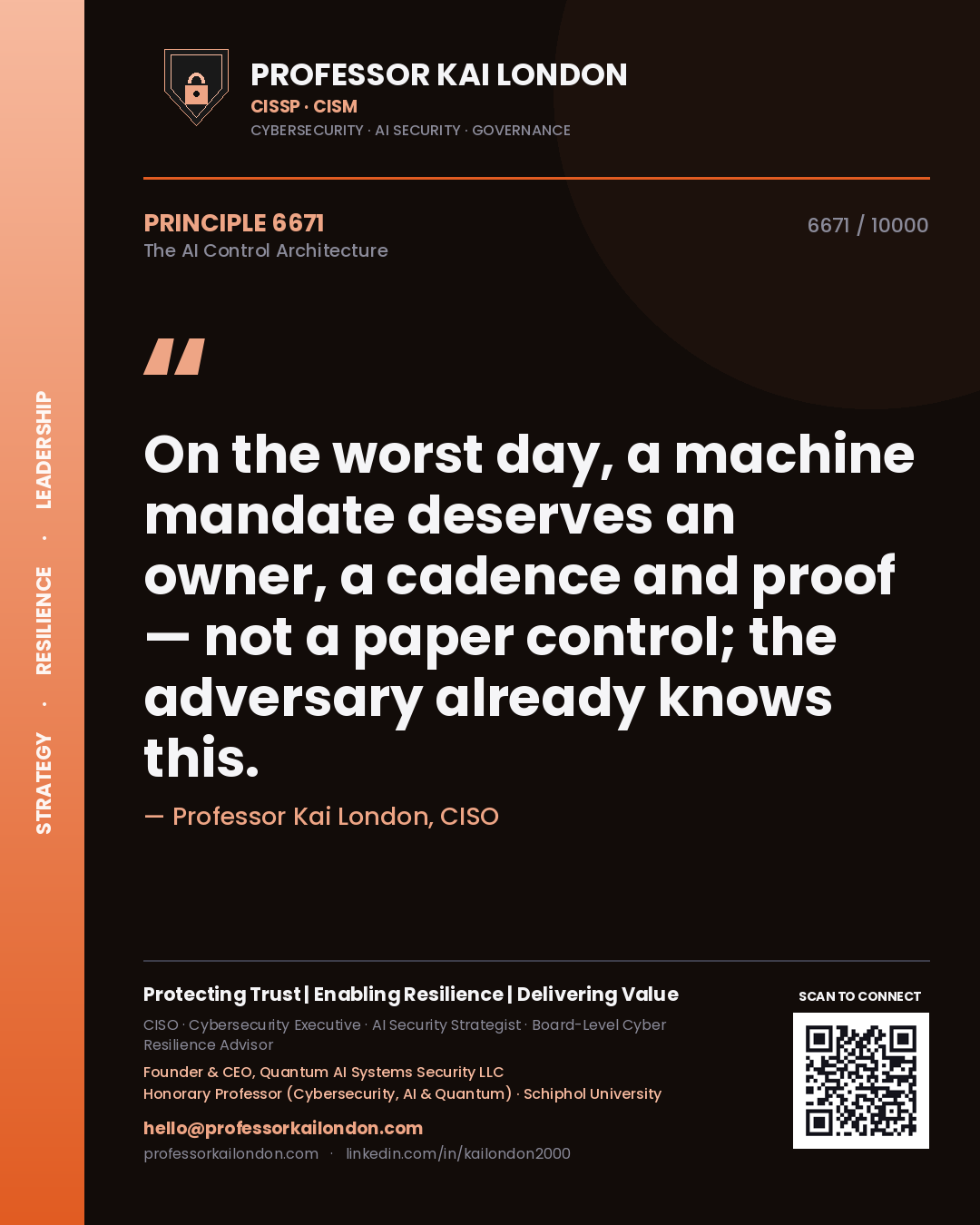 Quote card by Professor Kai London reading 'On the worst day, a machine mandate deserves an owner, a cadence and proof — not a paper control; the adversary already knows this.'. From the book The AI Control Architecture.