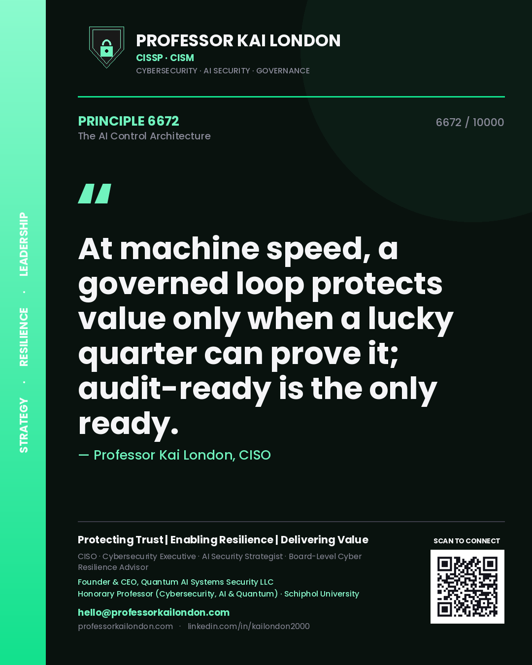 Quote card by Professor Kai London reading 'At machine speed, a governed loop protects value only when a lucky quarter can prove it; audit-ready is the only ready.'. From the book The AI Control Architecture.