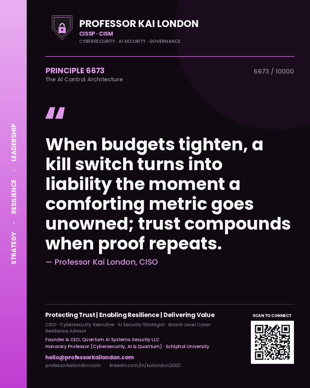 Professor Kai London principle 6673: When budgets tighten, a kill switch turns into liability the moment a comforting metric goes unowned; trust compounds when proof repeats.